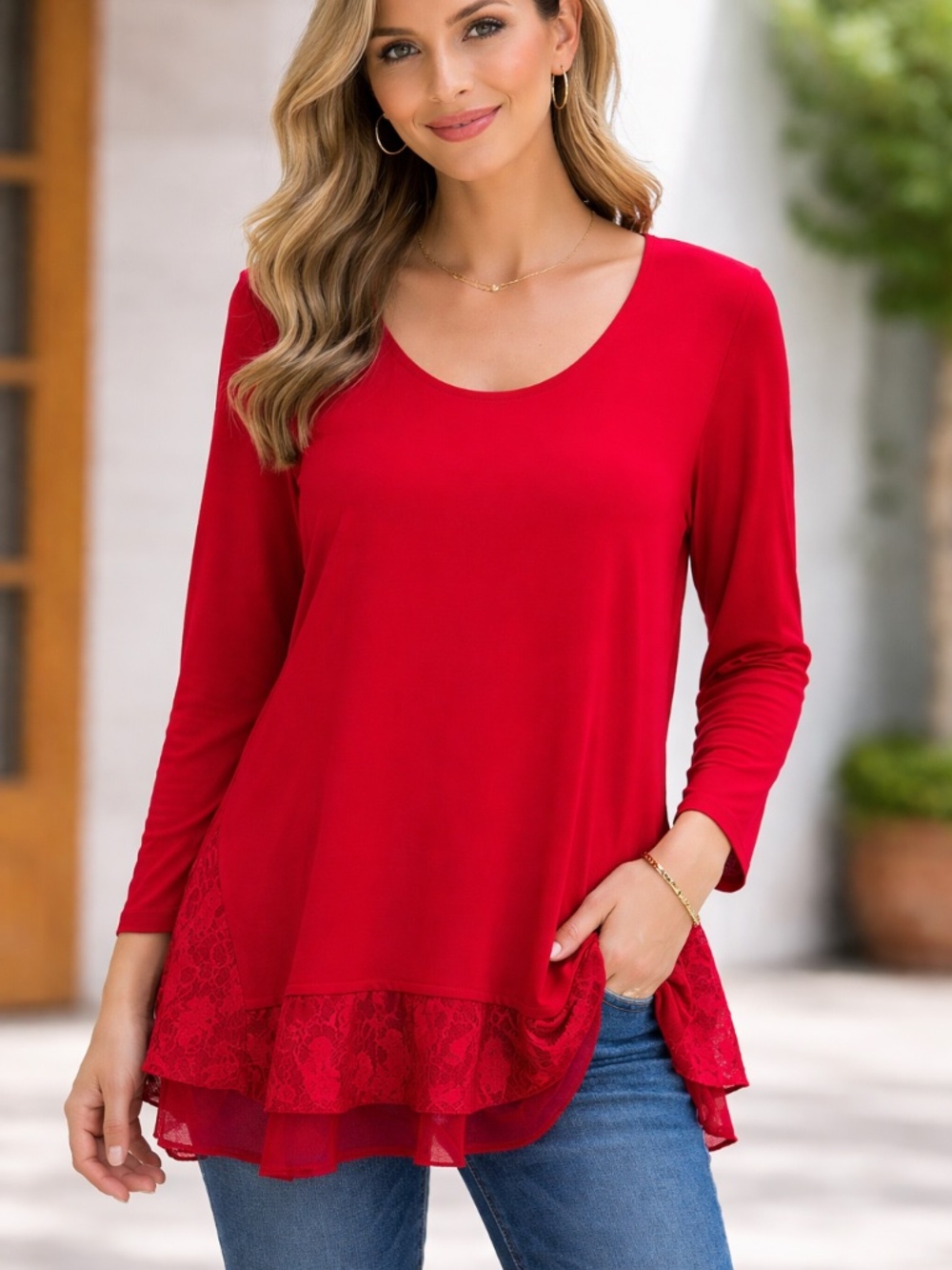 Style & Co Red Lace Trim Sweater XL Tunic Long Sleeve Romantic Boho